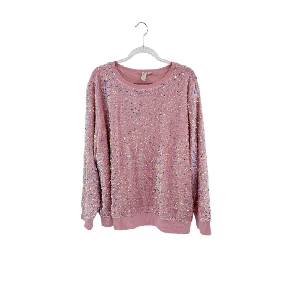 Womens 26/28W Sequin Pink Sweatshirt Pink Iridescent Party Festive NYE Holiday